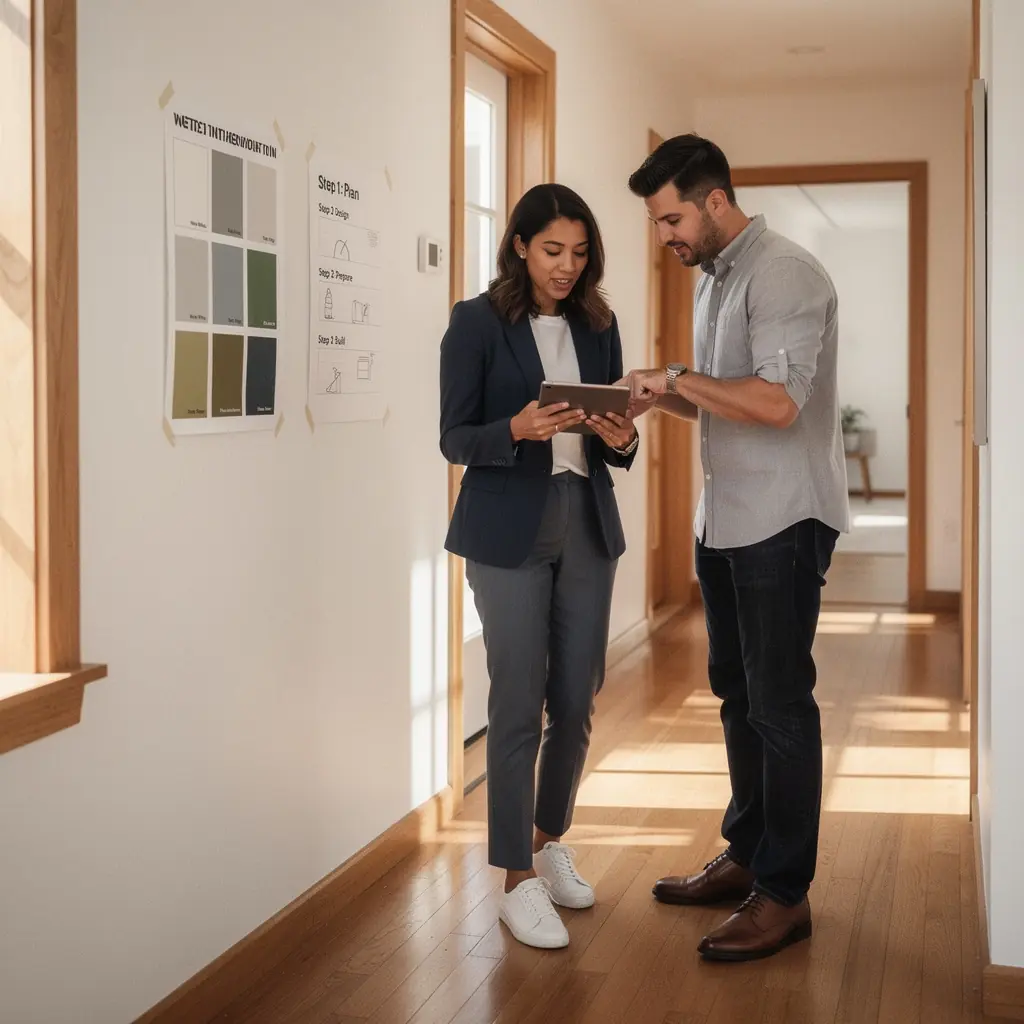 Łazienka z elegancką armaturą i nowoczesnymi płytkami na ścianach.