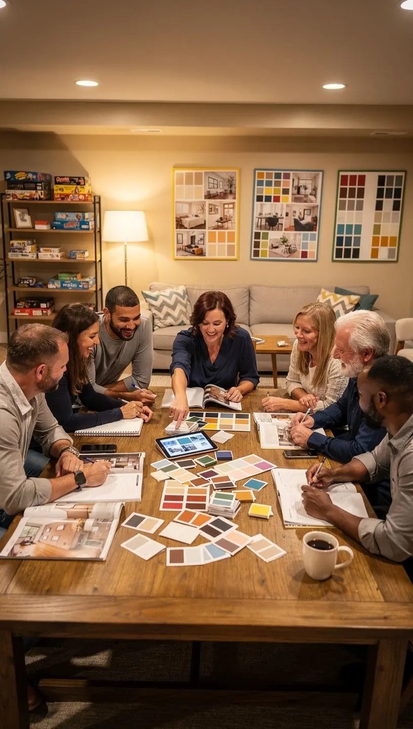 Przestronny korytarz z dekoracyjnymi elementami i stylowym oświetleniem.